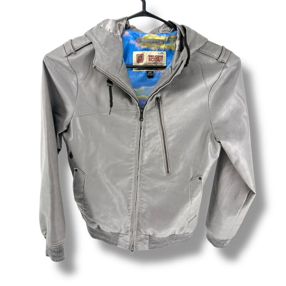 Volcom Scout Hans Jacket Mens Medium Faux Leather Hooded Moto Bomber